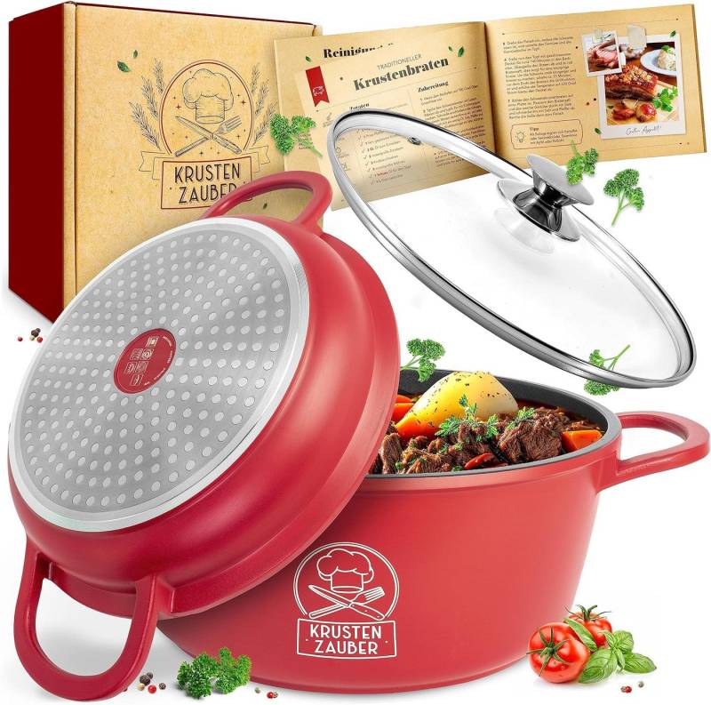 Krustenzauber Bräter Aluguss Bräter mit Deckel backofengeeignet [inkl. Glasdeckel] -, (Aluminium Schmortopf & Bratpfanne), Idealer Bräter Induktion, Schmorpfanne, Bratentopf, Gussbräter von Krustenzauber