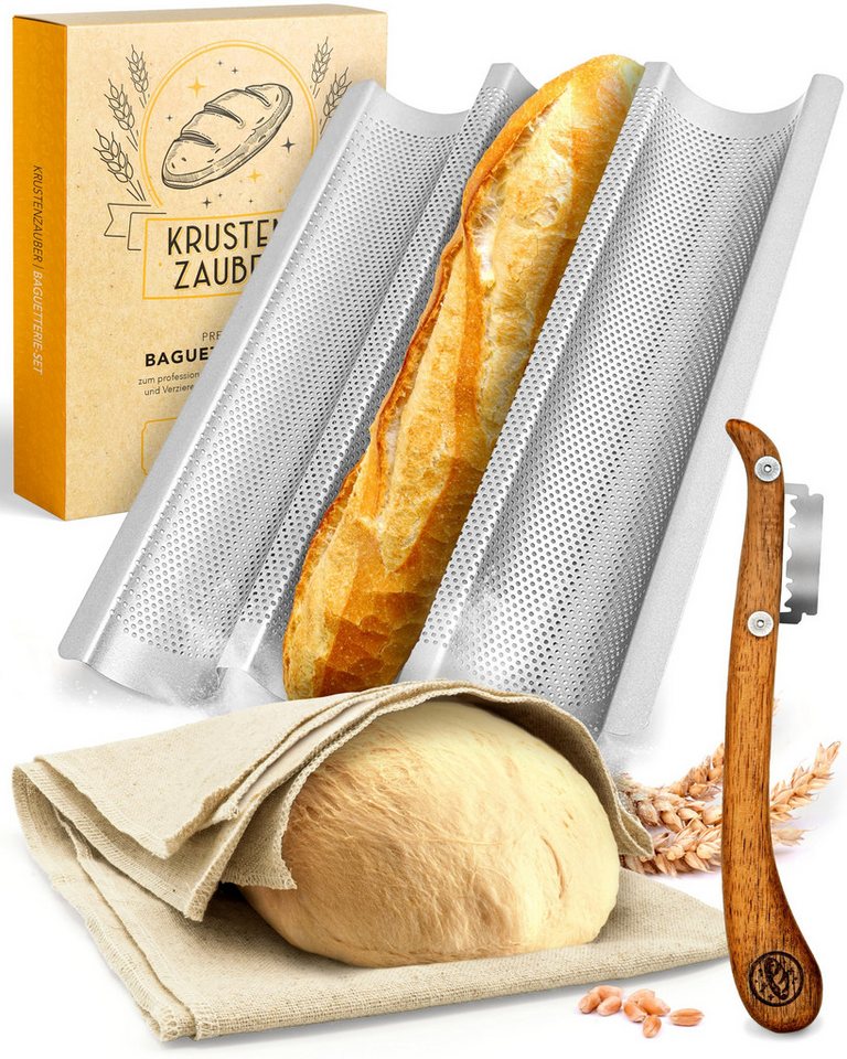 Krustenzauber Brotbackform Baguette Backform Antihaft inkl. Bäckerleinen u. Bäckermesser, (Baguette-Backblech - Ideal als Baguetteblech 3-tlg), Brotbackform, Baguetteform, Baguette Blech, Brot Backen Zubehör von Krustenzauber