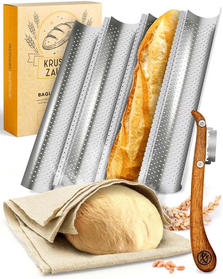 Krustenzauber Brotbackform Baguette Backform Antihaft inkl. Bäckerleinen u. Bäckermesser, (Baguette-Backblech - Ideal als Baguetteblech 4-tlg), Brotbackform, Baguetteform, Baguette Blech, Brot Backen Zubehör von Krustenzauber