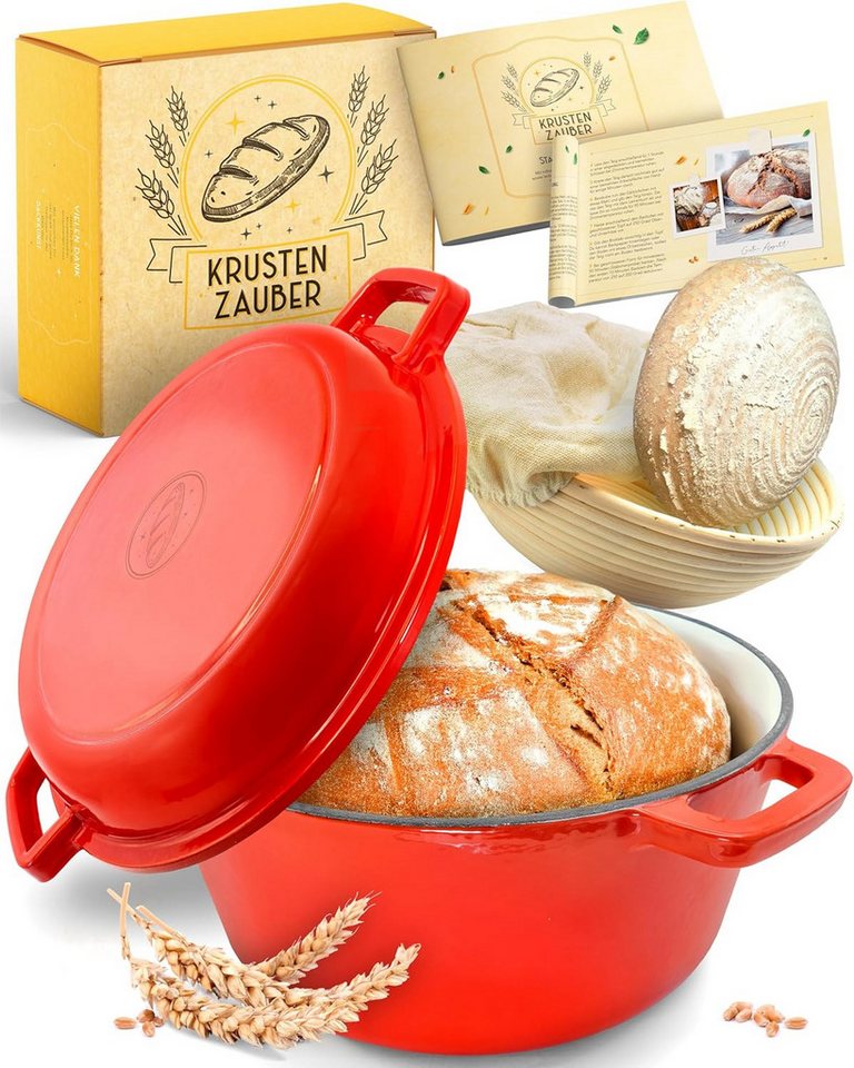 Krustenzauber Brotbackform Brotbackform Gusseisen Topf Brot Backen [inkl. Gärkorb] von Krustenzauber