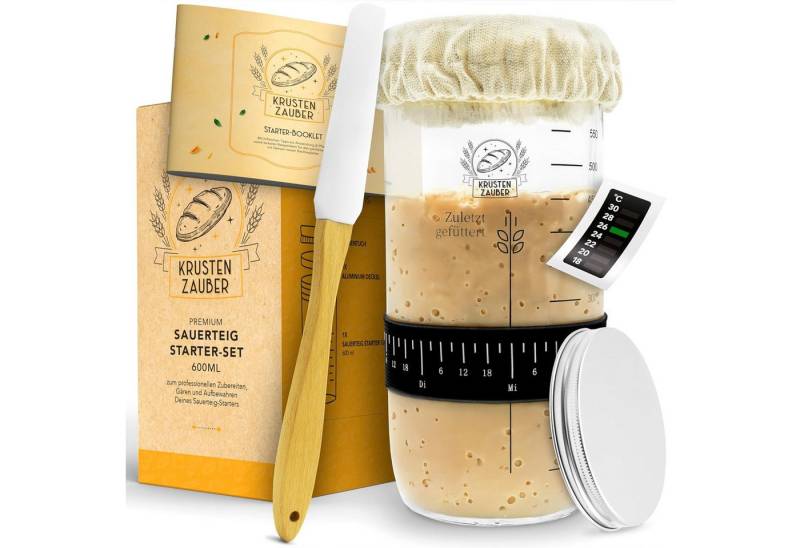 Krustenzauber Brotbackform Sauerteig Starter Set - Gärglas mit Spatel u. Thermometer -, (Brot Backen Zubehör, Sauerteig Glas, Fermentieren, 1-tlg), Sourdough Starter Kit, Anstellgut Glas Behälter, Fermentierglas von Krustenzauber
