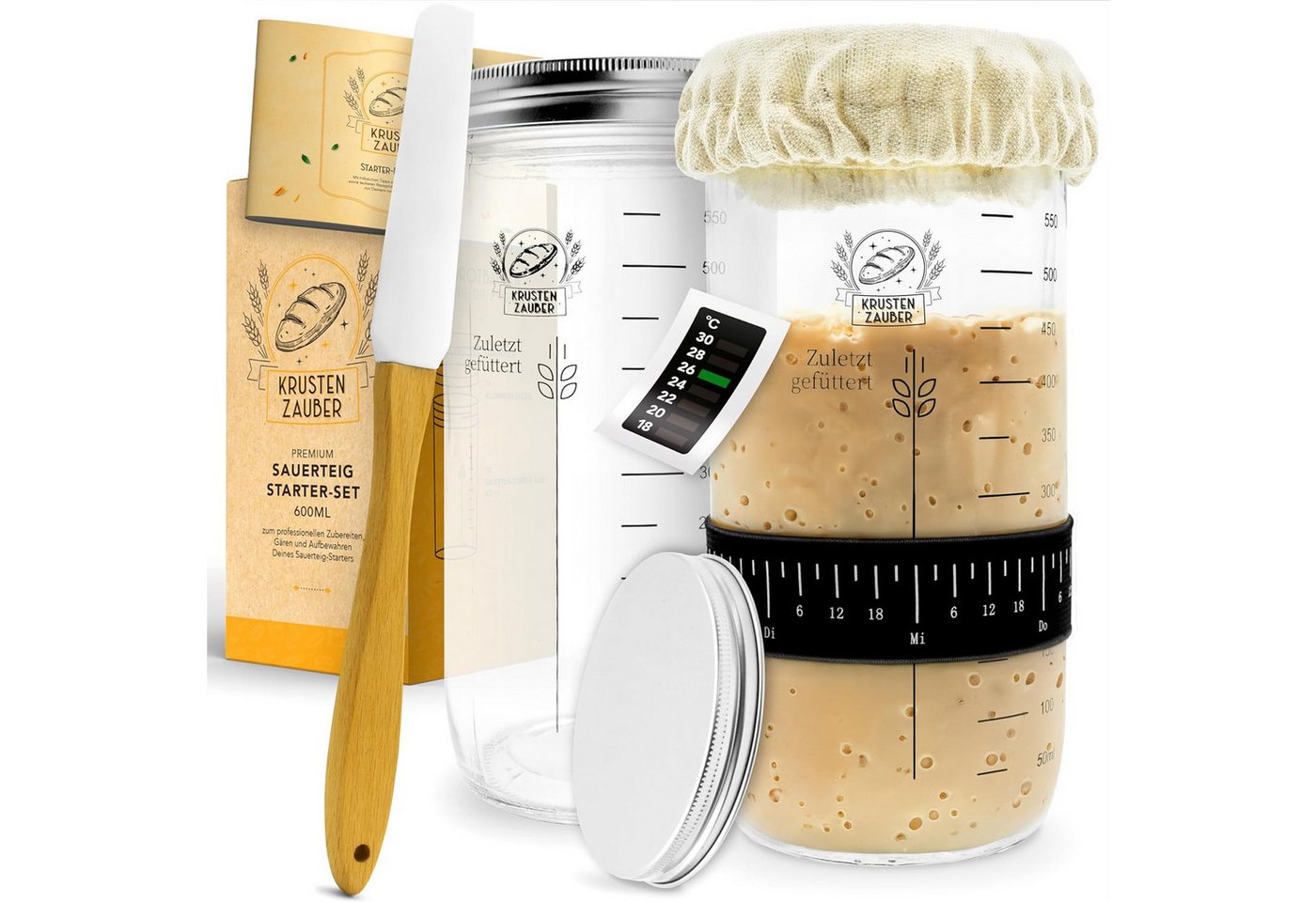 Krustenzauber Brotbackform Sauerteig Starter Set - Gärglas mit Spatel u. Thermometer -, (Brot Backen Zubehör, Sauerteig Glas, Fermentieren, 2-tlg), Sourdough Starter Kit, Anstellgut Glas Behälter, Fermentierglas von Krustenzauber