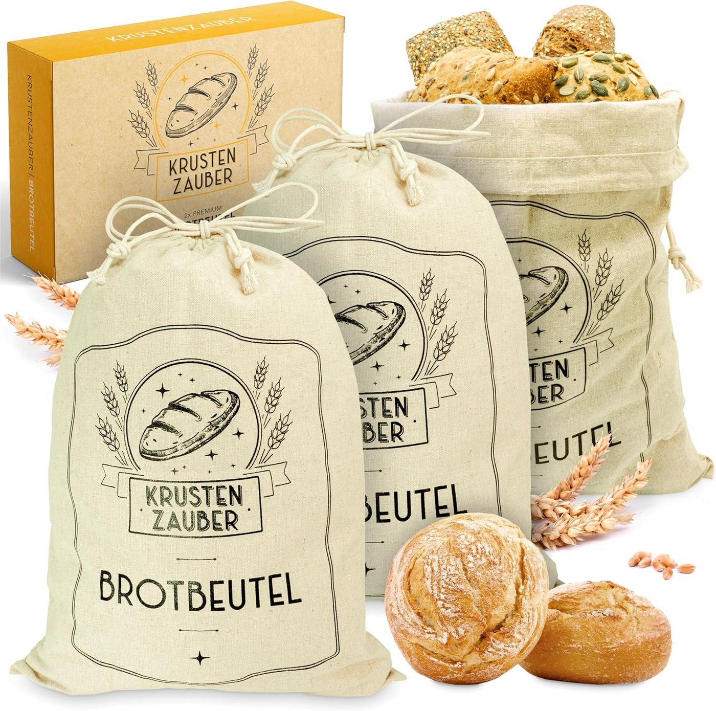 Krustenzauber Brottasche Brotbeutel Leinen 3er Set - 3x Leinenbeutel 40x30cm, (zur Brotaufbewahrung - Idealer Brotsack, Brötchenbeutel, Brot Backen Zubehör, 3-tlg., Brotsackerl Brottasche Brot Aufbewahrung Frischhalten) von Krustenzauber