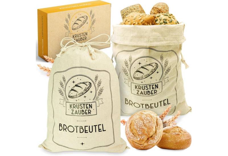 Krustenzauber Brottasche Brotbeutel Leinen Set - Leinenbeutel 40x30cm, (zur Brotaufbewahrung - Idealer Brotsack, Brötchenbeutel, Brot Backen Zubehör, 2-tlg., Brotsackerl Brottasche Brot Aufbewahrung Frischhalten) von Krustenzauber