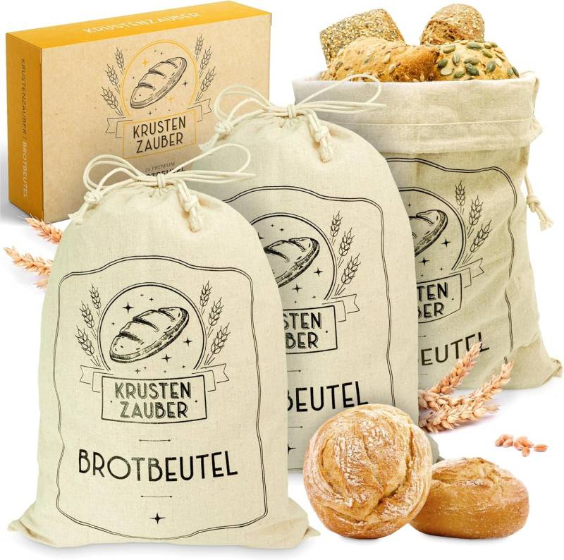 Krustenzauber Brottasche Brotbeutel Leinen Set - Leinenbeutel 40x30cm, (zur Brotaufbewahrung - Idealer Brotsack, Brötchenbeutel, Brot Backen Zubehör, 3-tlg., Brotsackerl Brottasche Brot Aufbewahrung Frischhalten) von Krustenzauber