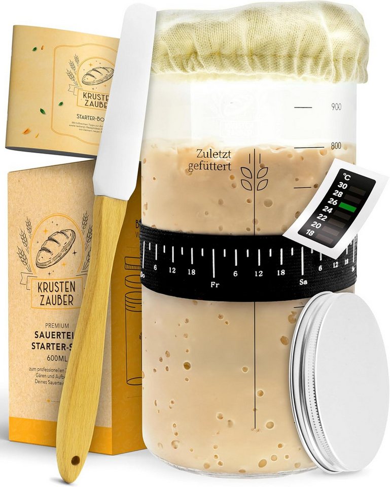 Krustenzauber Fermentationsglas Brotbackform Sauerteig Starter Set - Gärglas mit Spatel u. Thermometer, (2-tlg) von Krustenzauber