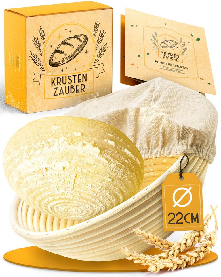 Krustenzauber Gärkorb Gärkörbchen zum Brotbacken - Gärkorb aus Rattan mit Gärtuch, (Brot Backen Zubehör, Brotkorb, Brotbackform, Sauerteig Zubehör), Gärfolie Brot, Brotkörbchen von Krustenzauber