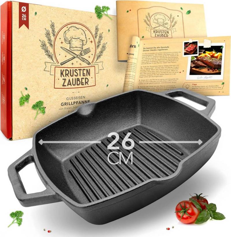 Krustenzauber Grillpfanne 26cm Grillpfanne Induktion -, (Geriffelte Gusseisenpfanne Induktion - Ideale Gusseisen Pfanne, Eisenpfanne, Cast Iron Pan, Bratpfanne), Gusseiserne Pfanne Skillet Gusspfanne von Krustenzauber