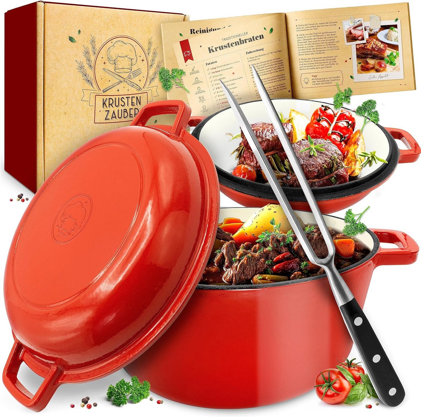 Krustenzauber Schmortopf Gusseisen Topf [inkl. Fleischgabel] -, (Robuster 26cm Gusseisen Bräter mit Deckel Backofengeeignet, Ideal als Schmortopf Induktion, Dutch Oven Set, Kazan, Cast Iron Pot) von Krustenzauber