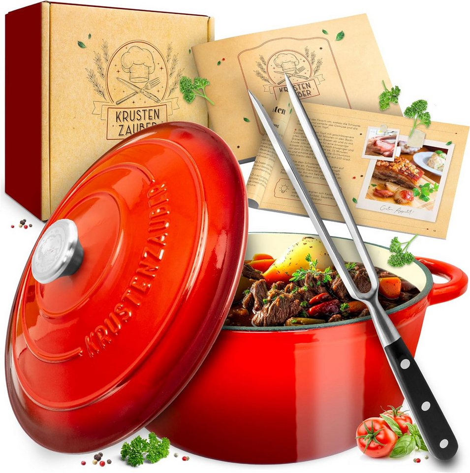 Krustenzauber Schmortopf Gusseisen Topf [inkl. Fleischgabel] backofengeeignet, (Idealer Bräter mit Deckel Backofengeeignet, Kochtopf Induktion, Emaille, Bratentopf Cast Iron) von Krustenzauber
