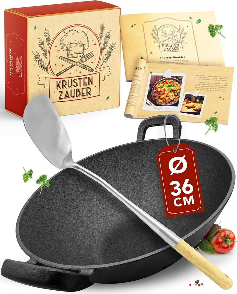 Krustenzauber Wok 30cm Wokpfanne Induktion voreingebrannt mit Wokwender und Wokring von Krustenzauber