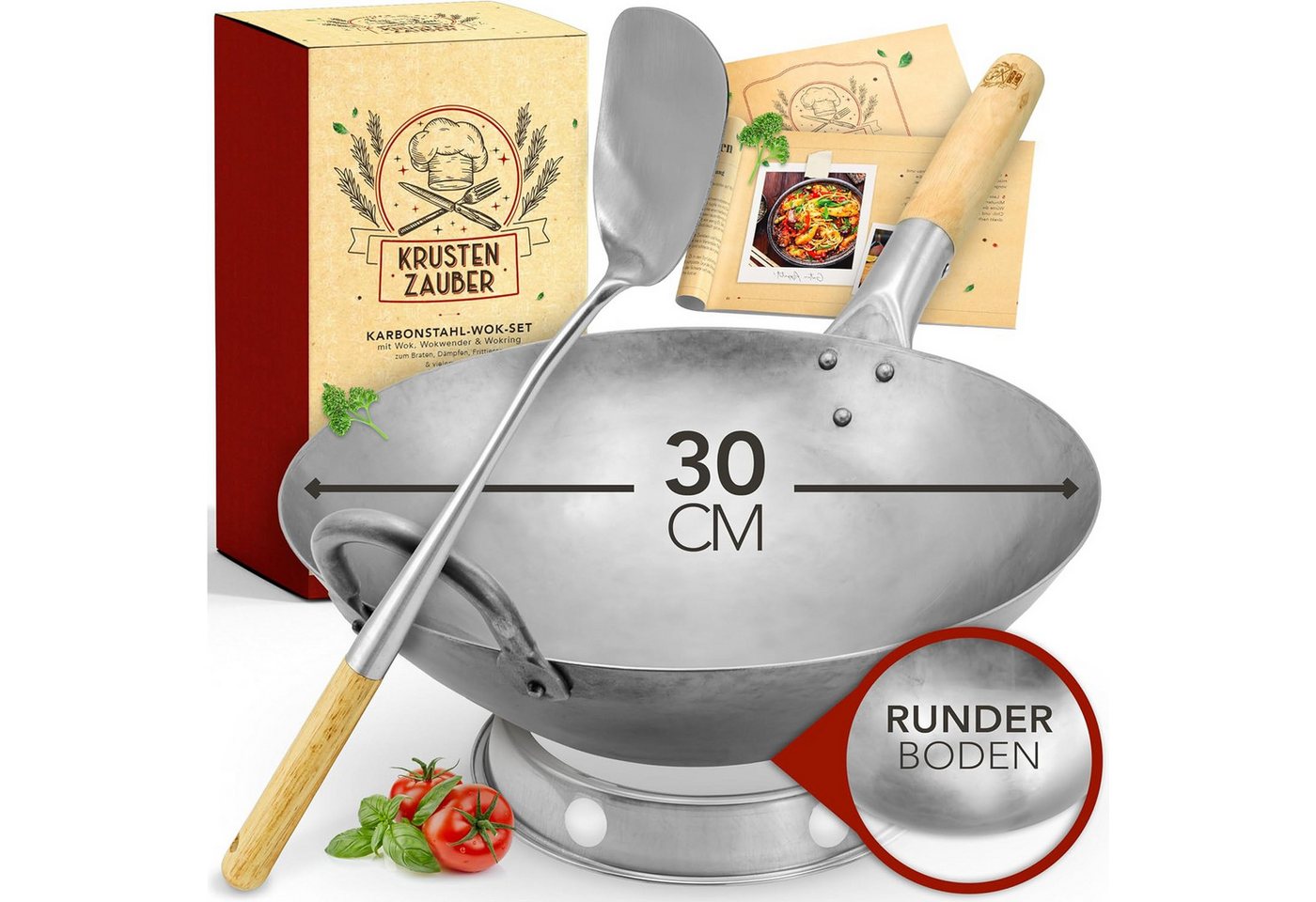 Krustenzauber Wok 30cm Wokpfanne - Traditionelle Stahlwokpfanne, (mit Wokwender u. Wokring - Wok Pfanne, Wok Induktion, Woklette), Wok Zubehör, Carbon Steel Wok Karbonstahl von Krustenzauber