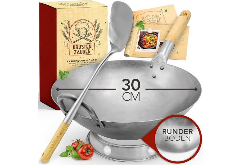 Krustenzauber Wok 30cm Wokpfanne - Traditionelle Stahlwokpfanne, (mit Wokwender u. Wokring - Wok Pfanne, Wok Induktion, Woklette), Wok Zubehör, Carbon Steel Wok Karbonstahl von Krustenzauber