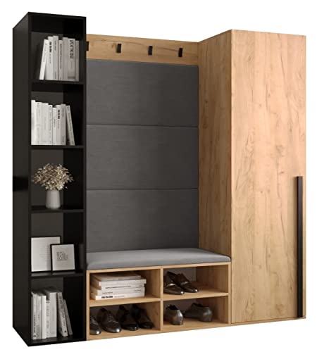 MEBLE KRYSPOL Garderobe MIRO Set 3 mit gepolsterten Paneelen Modern Design (Manila 16 (Grau), Eiche Kraft Gold + Schwarz Matt) von MEBLE KRYSPOL