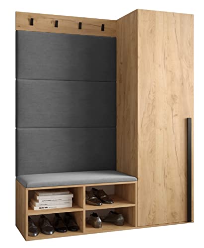 MEBLE KRYSPOL Garderobe MIRO Set 6 mit gepolsterten Paneelen Modern Design (Manila 16 (Grau), Eiche Kraft Gold + Schwarz Matt) von MEBLE KRYSPOL