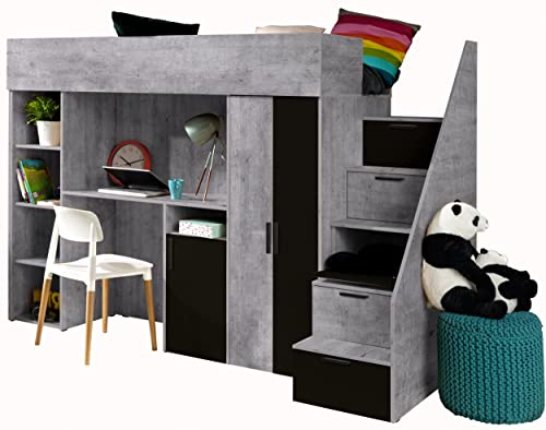 MEBLE KRYSPOL KONKRET 14 Hochbett für Kinder, Jugendliche mit Stauraum - Etagenbett mit Schreibtisch, Schrank, Regal, Schubladen, Treppe - 247x120x165 cm - Beton, Schwarz mat, Schwarz von MEBLE KRYSPOL