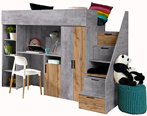 MEBLE KRYSPOL KONKRET 14 Hochbett für Kinder, Jugendliche mit Stauraum - Etagenbett mit Schreibtisch, Schrank, Regal, Schubladen, Treppe - 247x120x165 cm - Beton, Eiche Wotan, Schwarz von MEBLE KRYSPOL