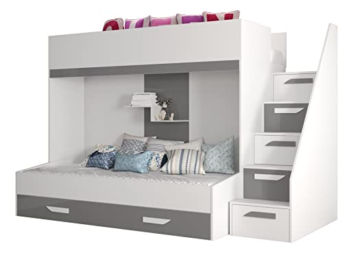 MEBLE KRYSPOL Party 16 Hochbett für Kinder, Jugendliche mit Stauraum - Etagenbett mit Schreibtisch, Kleiderschrank, Bücherregal und Trittleitern - 247x135x165 cm - Weiß, Grau, Weiß + Grau von MEBLE KRYSPOL