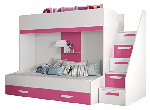 MEBLE KRYSPOL Party 16 Hochbett für Kinder, Jugendliche mit Stauraum - Etagenbett mit Schreibtisch, Kleiderschrank, Bücherregal und Trittleitern - 247x135x165 cm - Weiß, Rosa, Weiß + Rosa von MEBLE KRYSPOL