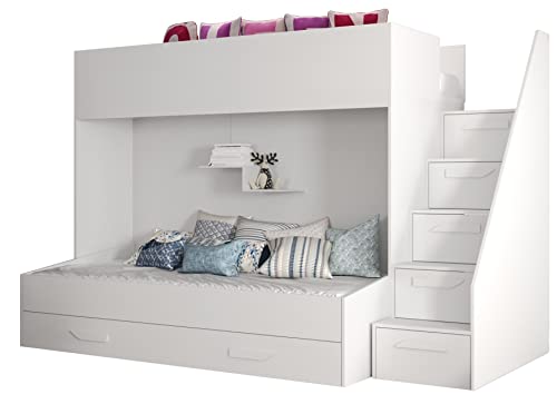 MEBLE KRYSPOL Party 16 Hochbett für Kinder, Jugendliche mit Stauraum - Etagenbett mit Schreibtisch, Kleiderschrank, Bücherregal und Trittleitern - 247x135x165 cm - Weiß, Weiß, Weiß von MEBLE KRYSPOL