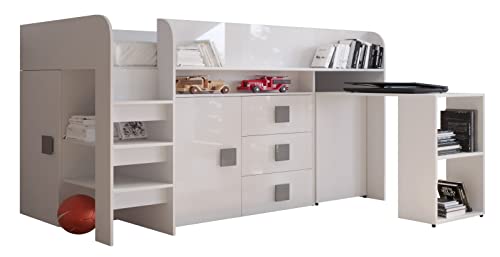 MEBLE KRYSPOL Toledo 1 Hochbett für Kinder, Jugendliche mit Stauraum - Etagenbett mit Schreibtisch, Kleiderschrank, Regal, Schubladen, Treppe - 203,3x106,6x125 cm - Weiß, Weiß, Grau von MEBLE KRYSPOL