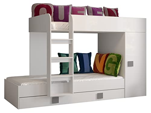 KRYSPOL Etagenbett für 2 Kinder Toledo 2 Stockbett mit Treppe und Bettkasten (Weiß + Weiß Glanz + Grau Griffe) von MEBLE KRYSPOL