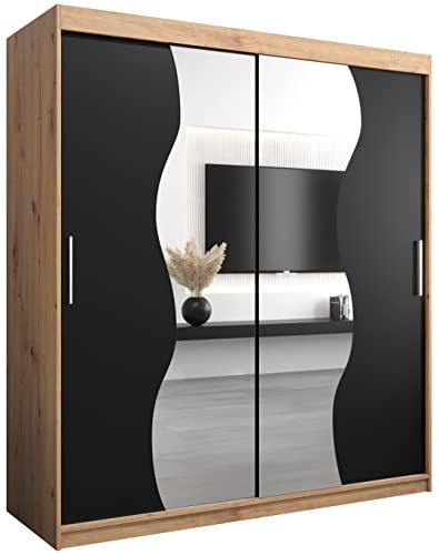 KRYSPOL Schwebetürenschrank Madryt 180 cm mit Spiegel Kleiderschrank mit Kleiderstange und Einlegeboden Schlafzimmer- Wohnzimmerschrank Schiebetüren Modern Design (Artisan Eiche + Schwarz) von MEBLE KRYSPOL