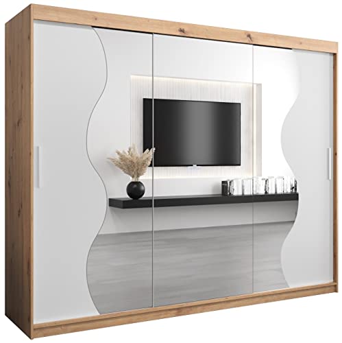 KRYSPOL Schwebetürenschrank Madryt 250 cm mit Spiegel Kleiderschrank mit Kleiderstange und Einlegeboden Schlafzimmer- Wohnzimmerschrank Schiebetüren Modern Design (Artisan Eiche + Weiß) von MEBLE KRYSPOL