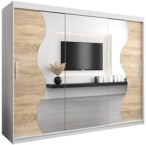 KRYSPOL Schwebetürenschrank Madryt 250 cm mit Spiegel Kleiderschrank mit Kleiderstange und Einlegeboden Schlafzimmer- Wohnzimmerschrank Schiebetüren Modern Design (Weiß + Sonoma) von MEBLE KRYSPOL