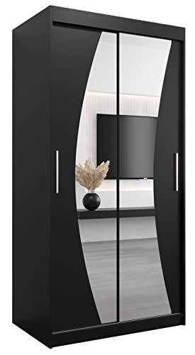 MEBLE KRYSPOL Wave 100 Schlafzimmerschrank mit Zwei Schiebetüren, Spiegel, Kleiderstange und Regalen – 100x200x62cm - Mattschwarz von MEBLE KRYSPOL