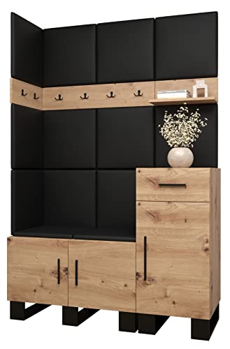 MEBLE KRYSPOL Garderobe Artin Set 10 mit gepolsterten Paneelen Industriell Design (Artisan Eiche + schwarzes Öko-Leder) von MEBLE KRYSPOL