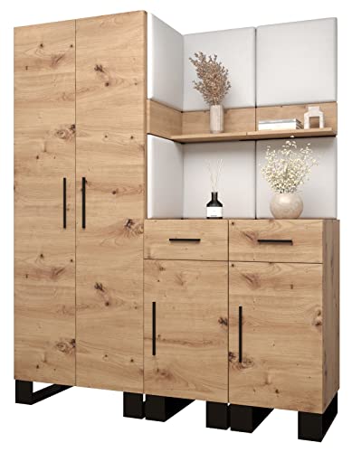 MEBLE KRYSPOL Garderobe Artin Set 7 mit gepolsterten Paneelen Industriell Design (Artisan Eiche + weißes Öko-Leder) von MEBLE KRYSPOL
