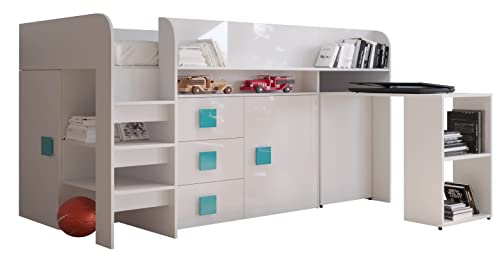 MEBLE KRYSPOL Toledo 1 Hochbett für Kinder, Jugendliche mit Stauraum - Etagenbett mit Schreibtisch, Kleiderschrank, Regal, Schubladen, Treppe - 203,3x106,6x125 cm - Weiß, Weiß, Türkis von MEBLE KRYSPOL