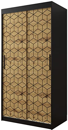 KRYSPOL Schiebetürenschrank Plaster 1 100 cm Kleiderschrank mit Kleiderstange Einlegeboden Schlafzimmer- Wohnzimmerschrank Modern Design (Schwarz Matt + Artisan Eiche, Schubladen: 0) von MEBLE KRYSPOL