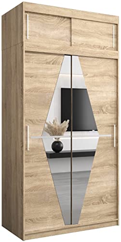 Kryspol Schwebetürenschrank Boliwia 120 cm mit Spiegel Kleiderschrank mit Kleiderstange und Einlegeboden Schlafzimmer- Wohnzimmerschrank Schiebetüren Modern Design (Sonoma mit Erweiterung) von MEBLE KRYSPOL