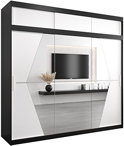 KRYSPOL Schwebetürenschrank Boliwia 250 cm mit Spiegel Kleiderschrank mit Kleiderstange und Einlegeboden Schlafzimmer- Wohnzimmerschrank Schiebetüren Modern Design (Schwarz + Weiß mit Erweiterung) von MEBLE KRYSPOL