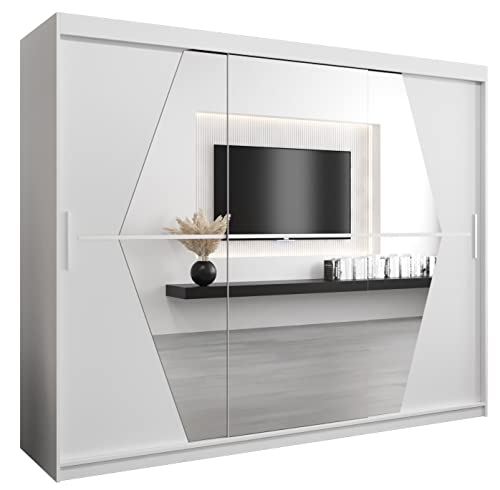KRYSPOL Schwebetürenschrank Boliwia 250 cm mit Spiegel Kleiderschrank mit Kleiderstange und Einlegeboden Schlafzimmer- Wohnzimmerschrank Schiebetüren Modern Design (Weiß) von MEBLE KRYSPOL