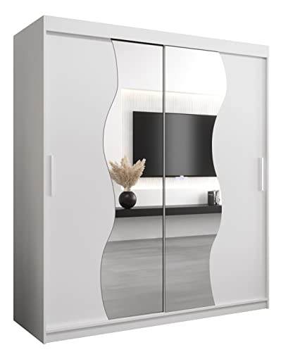 KRYSPOL Schwebetürenschrank Madryt 180 cm mit Spiegel Kleiderschrank mit Kleiderstange und Einlegeboden Schlafzimmer- Wohnzimmerschrank Schiebetüren Modern Design (Weiß) von MEBLE KRYSPOL