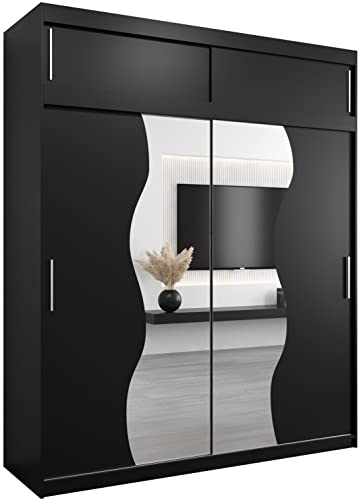 KRYSPOL Schwebetürenschrank Madryt 200 cm mit Spiegel Kleiderschrank mit Kleiderstange und Einlegeboden Schlafzimmer- Wohnzimmerschrank Schiebetüren Modern Design (Schwarz mit Erweiterung) von MEBLE KRYSPOL