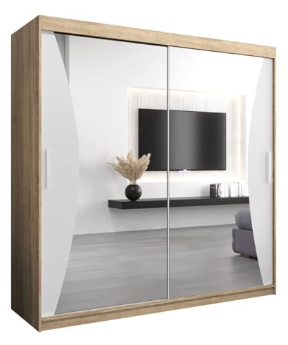 MEBLE KRYSPOL Kleiderschrank mit Spiegel Monaco - Garderobenschrank - Schrank Schlafzimmer - Mehrzweckschrank Zwei Schiebetüren - Regalen - Flur Möbel - Kleiderstange Schrank - Allzweckschrank von MEBLE KRYSPOL