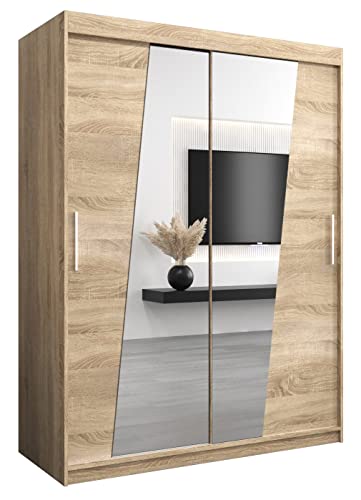 Kryspol Schwebetürenschrank Rhomb 150 cm mit Spiegel Kleiderschrank mit Kleiderstange und Einlegeboden Schlafzimmer- Wohnzimmerschrank Schiebetüren Modern Design (Sonoma) von Kryspol