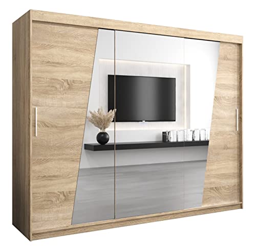 Kryspol Schwebetürenschrank Rhomb 250 cm mit Spiegel Kleiderschrank mit Kleiderstange und Einlegeboden Schlafzimmer- Wohnzimmerschrank Schiebetüren Modern Design (Sonoma) von Kryspol