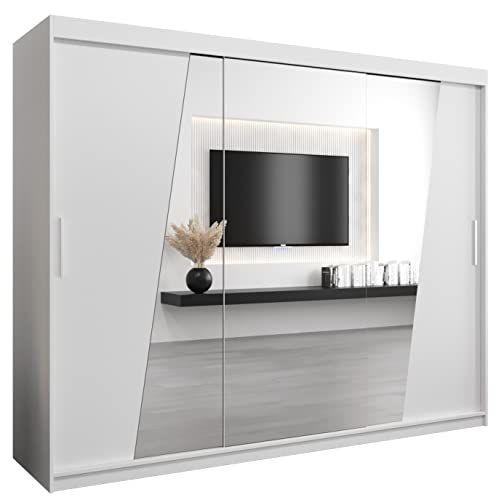 Kryspol Schwebetürenschrank Rhomb 250 cm mit Spiegel Kleiderschrank mit Kleiderstange und Einlegeboden Schlafzimmer- Wohnzimmerschrank Schiebetüren Modern Design (Weiß) von Kryspol