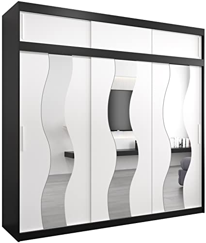 MEBLE KRYSPOL Sewilla 250 Schlafzimmerschrank mit DREI Schiebetüren, Spiegel, Kleiderstange und Regalen – 250x240x62cm - Mattschwarz + Mattweiß mit Verlängerung von MEBLE KRYSPOL