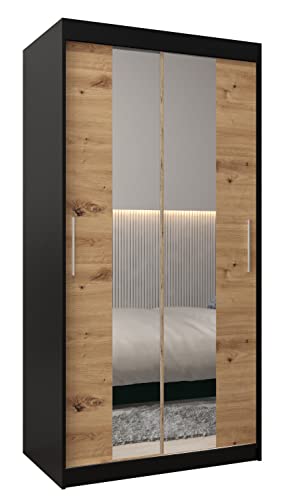 MEBLE KRYSPOL Tokyo 1 100 Schlafzimmerschrank mit Zwei Schiebetüren, Spiegel, Kleiderstange und Regalen – 100x200x62cm - Mattschwarz + Artisan von MEBLE KRYSPOL