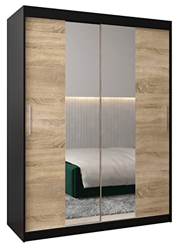 MEBLE KRYSPOL Tokyo 1 150 Schlafzimmerschrank mit Zwei Schiebetüren, Spiegel, Kleiderstange und Regalen – 150x200x62cm - Mattschwarz + Sonoma von MEBLE KRYSPOL