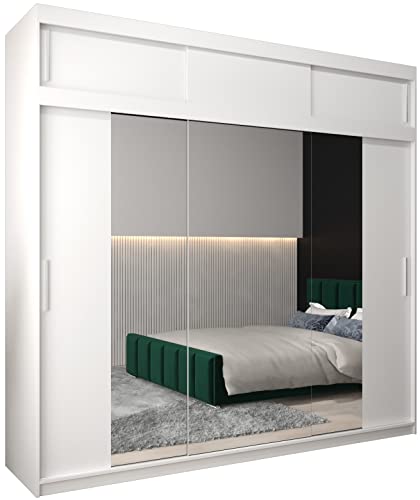 Kryspol Schwebetürenschrank Tokyo 2-250 cm mit Spiegel Kleiderschrank mit Kleiderstange und Einlegeboden Schlafzimmer- Wohnzimmerschrank Schiebetüren Modern Design (Weiß mit Erweiterung) von Kryspol