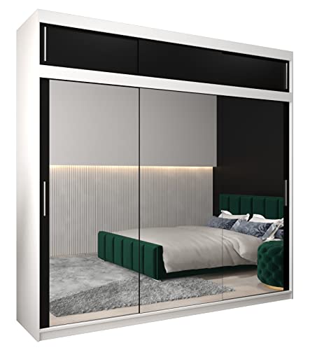 MEBLE KRYSPOL Tokyo 3 250 Schlafzimmerschrank mit DREI Schiebetüren, Spiegel, Kleiderstange und Regalen – 250x240x62cm - Mattweiß + Mattschwarz mit Verlängerung von MEBLE KRYSPOL