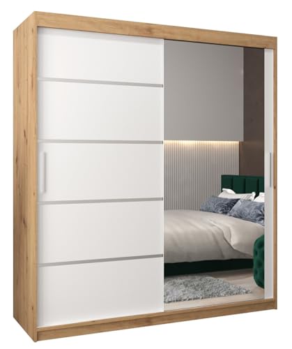 MEBLE KRYSPOL Kleiderschrank mit Spiegel Verona 2 - Garderobenschrank - Schrank Schlafzimmer - Mehrzweckschrank Zwei Schiebetüren - Regalen - Flur Möbel - Kleiderstange Schrank - Allzweckschrank von MEBLE KRYSPOL