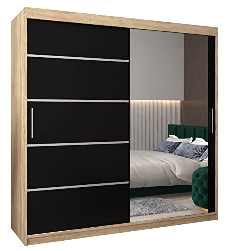 MEBLE KRYSPOL Verona 2 200 Schlafzimmerschrank mit Zwei Schiebetüren, Spiegel, Kleiderstange und Regalen – 200x200x62cm - Sonoma + Mattschwarz von MEBLE KRYSPOL